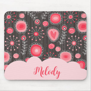Whimsical red grey hearts and flowers floral name mouse pad