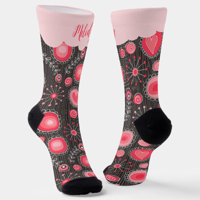 Whimsical red grey hearts and flowers floral name socks (Angled)