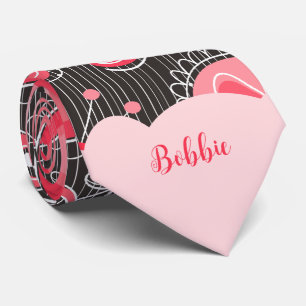 Whimsical red grey hearts and flowers floral name tie