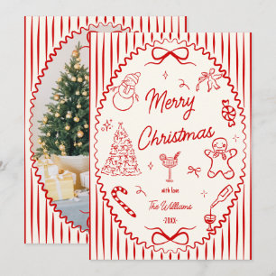 Whimsical Red Hand Drawn Doodles Christmas Photo Holiday Card