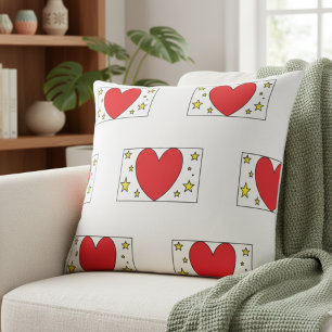 Whimsical Red Heart and Gold Stars Christmas Throw Pillow