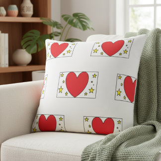 Whimsical Red Heart and Gold Stars Christmas Throw Pillow