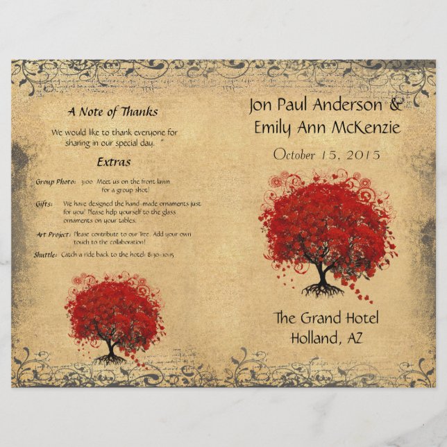 Whimsical Red Heart Leaf Tree Wedding Programme (Devant)