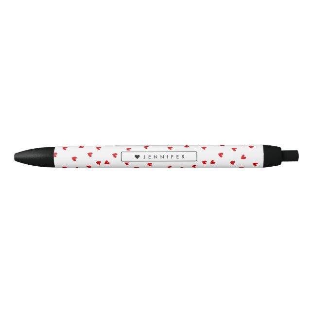 Whimsical Red Hearts Pattern Personalized Black Ink Pen (Front)