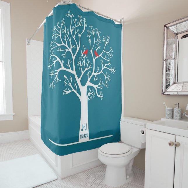 Whimsical Red Love Birds in Tree Teal Blue Custom (In Situ)