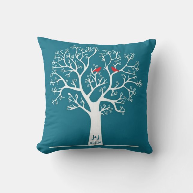 Whimsical Red Love Birds in Tree Teal Blue Custom Throw Pillow (Front)