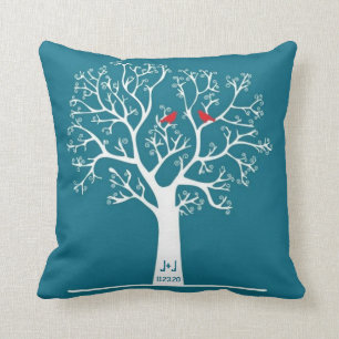 Whimsical Red Love Birds in Tree Teal Blue Custom Throw Pillow