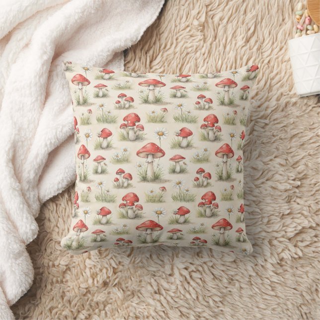 Whimsical Red Mushroom & Grass Watercolor Pattern Throw Pillow (Blanket)