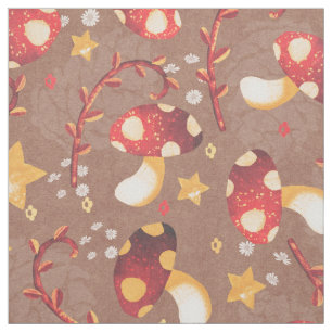 Whimsical Red Mushrooms and Yellow Stars on Brown Fabric