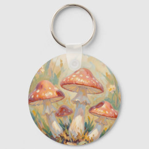 Whimsical Red Mushrooms Meadow Painting Keychain