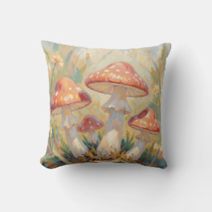 Whimsical Red Mushrooms Meadow Painting Throw Pillow
