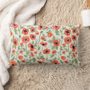Whimsical Red Orange Poppies Flowers Pattern Art Lumbar Pillow