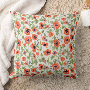 Whimsical Red Orange Poppies Flowers Pattern Art Throw Pillow