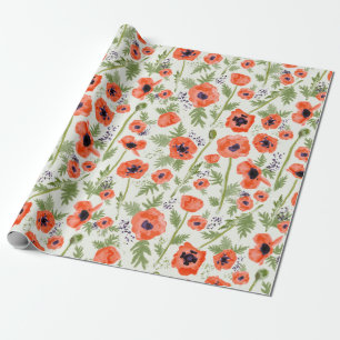 Whimsical Red Orange Watercolor Poppy Flowers Wrapping Paper