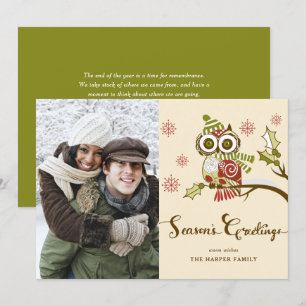 Whimsical Red Owl and Snowflakes Holiday Photo Card