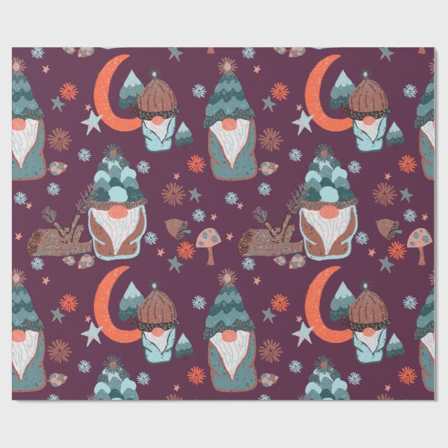 Whimsical Red Pattern Gnome Christmas Garden Moon Wrapping Paper (Flat)