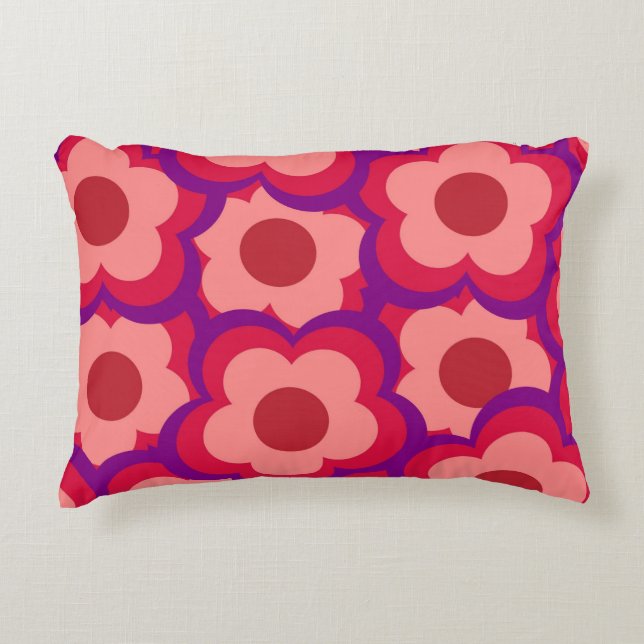 Whimsical Red & Pink Floral Retro, Bold Preppy Accent Pillow (Front)