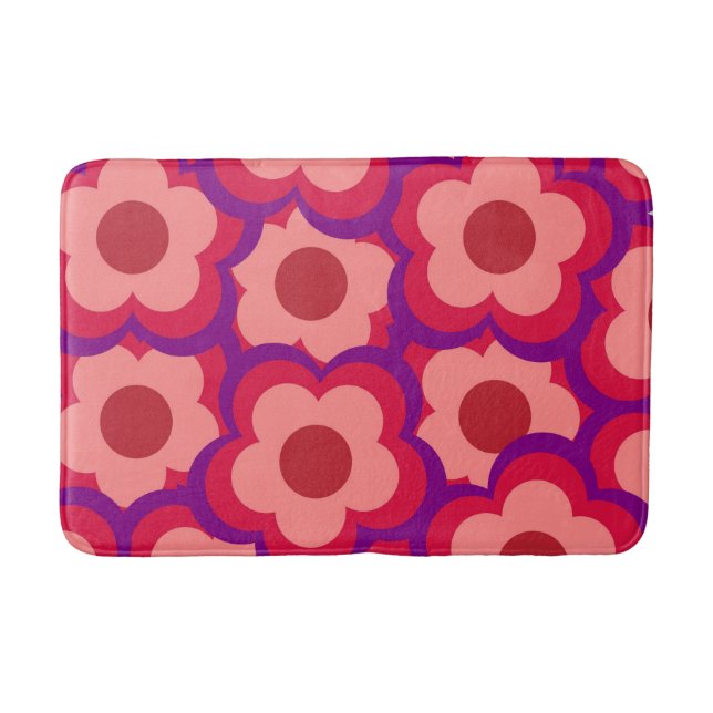Whimsical Red & Pink Floral Retro, Bold Preppy Bath Mat (Front)