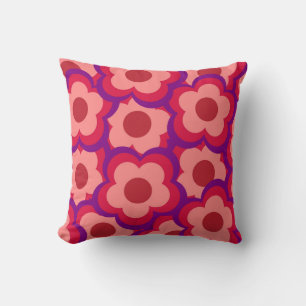 Whimsical Red & Pink Floral Retro, Bold Preppy Throw Pillow