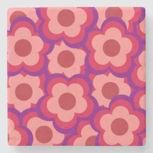 Whimsical Red & Pink Flower Retro, Bold Preppy Stone Coaster