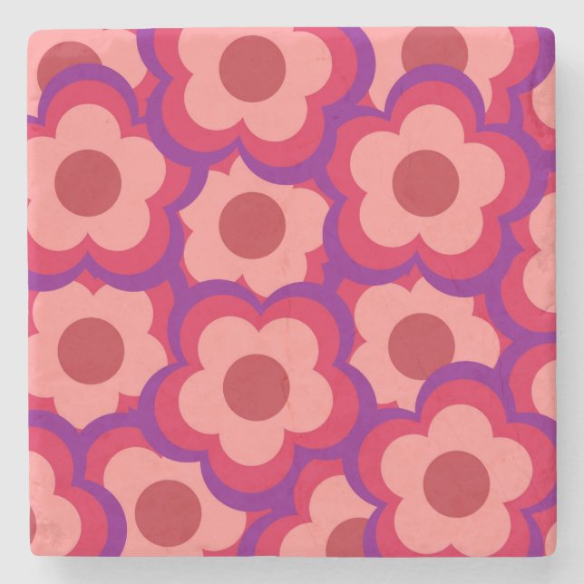 Whimsical Red & Pink Flower Retro, Bold Preppy Stone Coaster (Front)