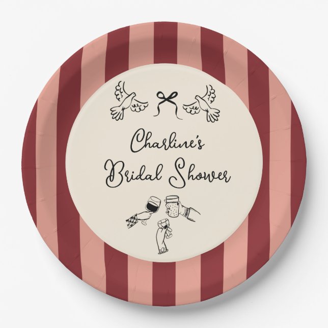 Whimsical Red Pink Striped Scribble Bridal Shower Paper Plate (Front)