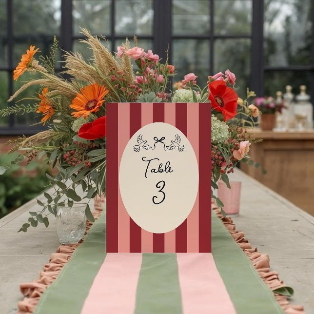 Whimsical Red Pink Striped Wedding Table Number  (Creator Uploaded)