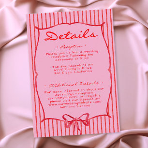 Whimsical Red Pink Watercolor Bow Stripe Wedding Enclosure Card