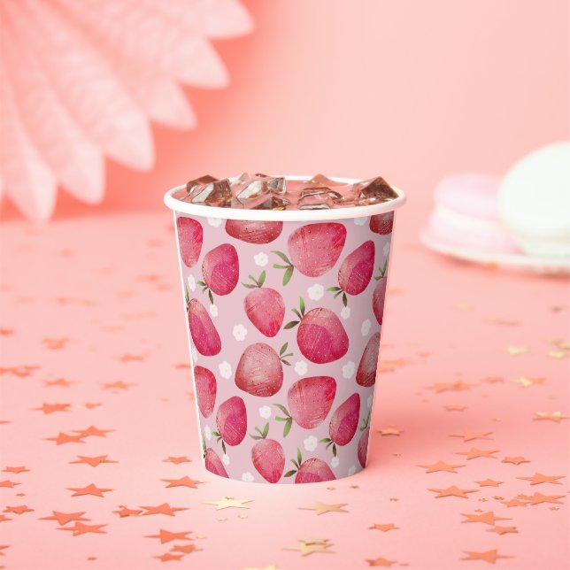Whimsical red & Pink Watercolor Stawberry pattern Paper Cups (Insitu)