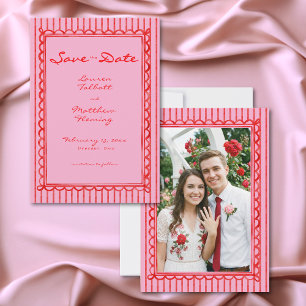Whimsical Red Pink Watercolor Stripe Photo Wedding Save The Date