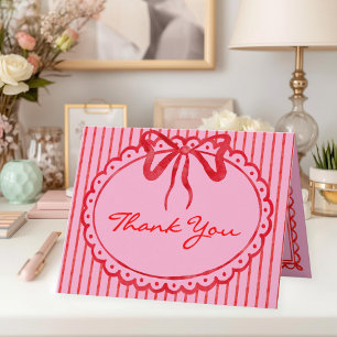 Whimsical Red Pink Watercolor Stripe Photo Wedding Thank You Card