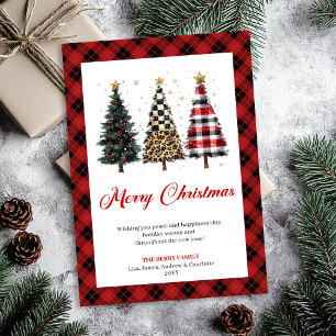 Whimsical Red Plaid Christmas Tree Leopard Pattern Holiday Card