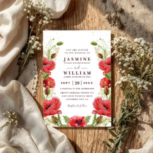 Whimsical Red Poppies Floral Chic QR Code Wedding Invitation