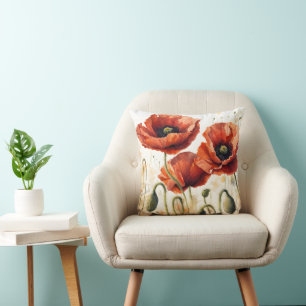 Whimsical Red Poppies Throw Pillow