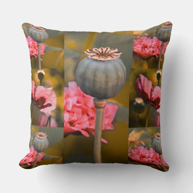 Whimsical Red Poppy Flower and Seed Pods Pattern Throw Pillow (Front)
