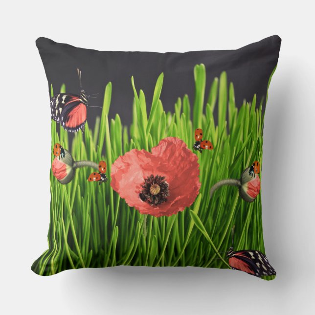 Whimsical Red Poppy Meadow Wildlife Pattern Throw Pillow (Front)