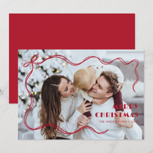 Whimsical Red Ribbon Family Photo Merry Christmas Holiday Card