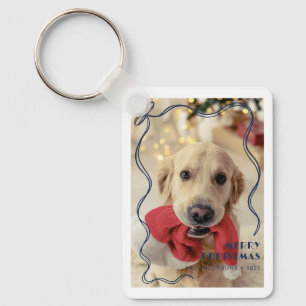 Whimsical Red Ribbon Pet Photo Merry Christmas Keychain