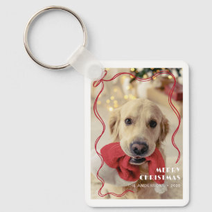 Whimsical Red Ribbon Pet Photo Merry Christmas Keychain