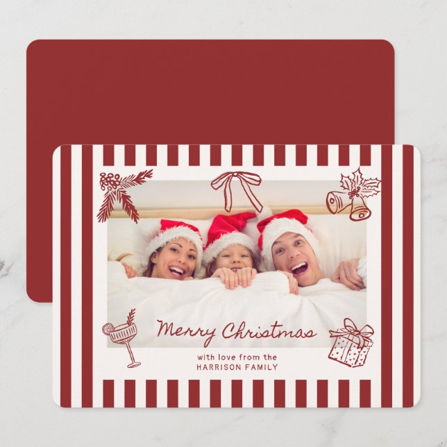 Whimsical Red Striped Family Photo Christmas Card  (Front/Back)