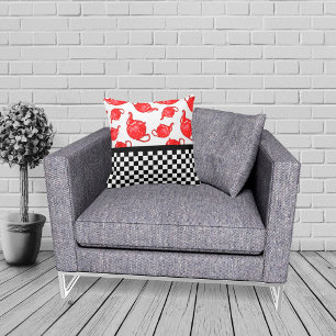 Whimsical Red Teapots and Chequerboard Throw Pillow