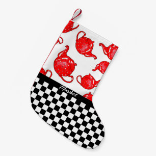 Whimsical Red Teapots Chequerboard Personalized Small Christmas Stocking