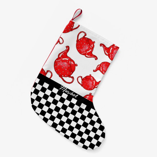 Whimsical Red Teapots Chequerboard Personalized Small Christmas Stocking (Front (Hanging))