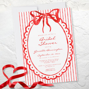 Whimsical Red Watercolor Bow Stripe Bridal Shower Invitation