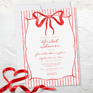 Whimsical Red Watercolor Bow Stripe Bridal Shower Invitation