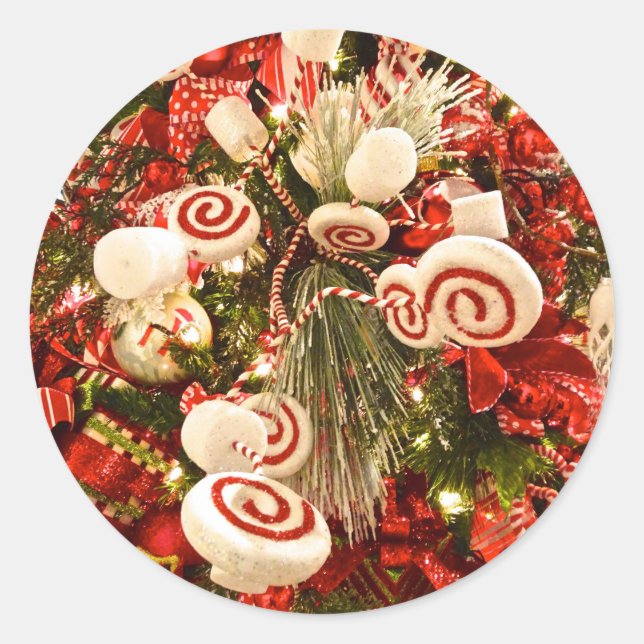 Whimsical Red & White Candy Themed Christmas Tree Classic Round Sticker (Front)