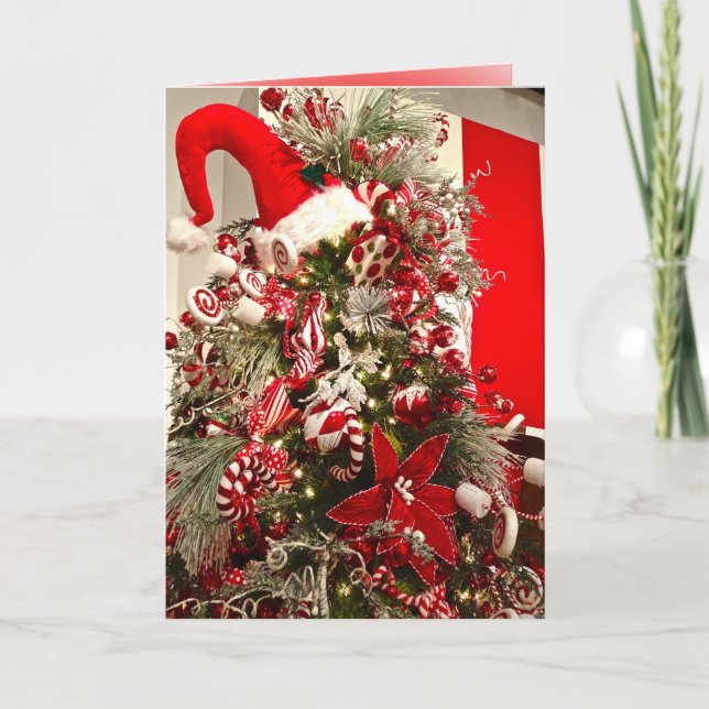 Whimsical Red & White Candy Themed Christmas Tree Holiday Card (Front)
