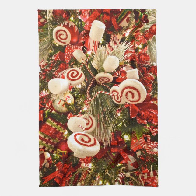 Whimsical Red & White Candy Themed Christmas Tree Kitchen Towel (Vertical)