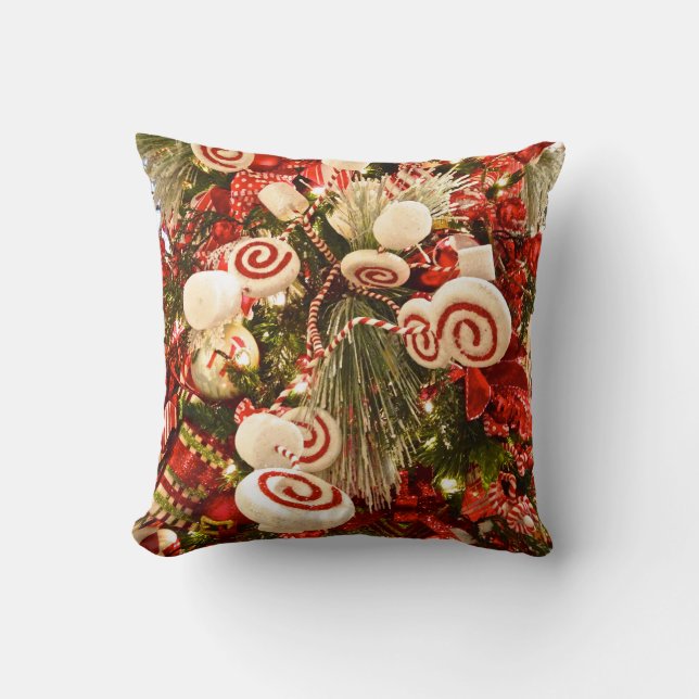 Whimsical Red & White Candy Themed Christmas Tree Throw Pillow (Front)
