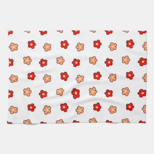 Whimsical Red & White Flower Retro Floral Design Kitchen Towel